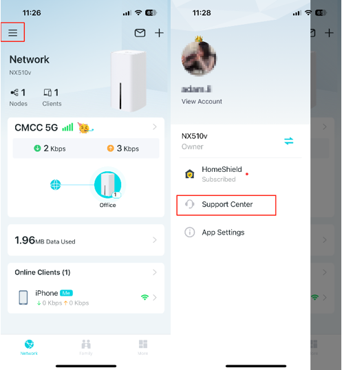 Click on three-line icon in the top left corner of the Aginet App and Enter the Support Center.