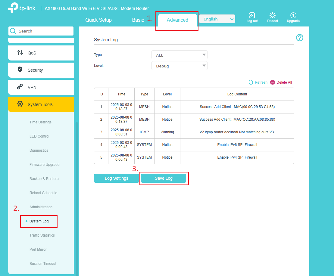 Choose Save log in System Log.