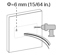 The positions of the rectangular hole to route the wires, and the indicators for drilling holes with a diameter of 6 mm (15/64 in.).