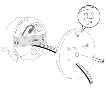 The positions of the rectangular hole, UP mark, and air bubble on the cover and holes to install the cover screw.