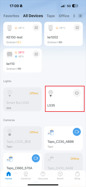 The device card on the Home page.