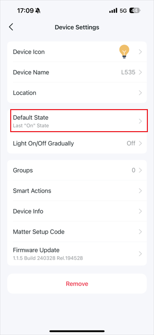 The Default State position in the app.