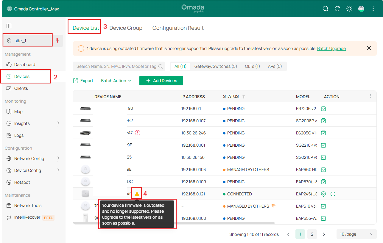 Site View shows a yellow exclamation mark prompt for adopted ECSP v1 devices.
