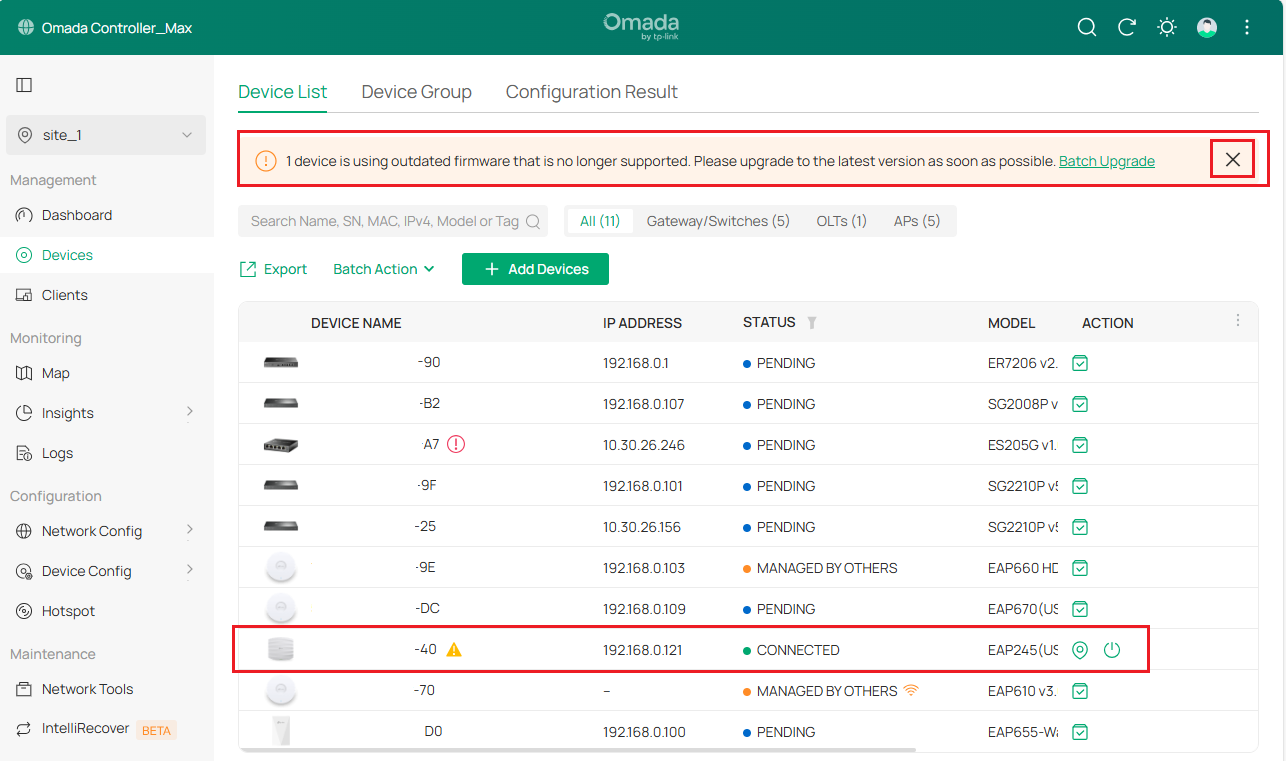 Site View shows a banner stating outdated firmware is present and to update.