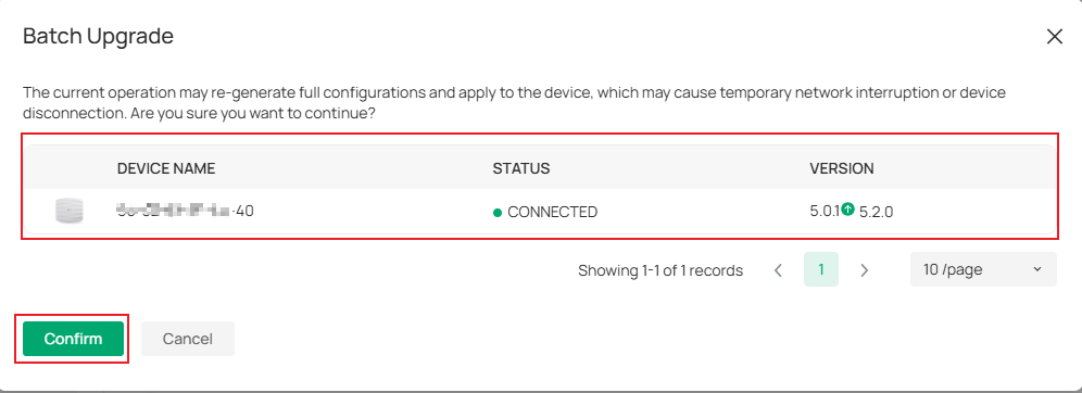 Shows prompt for batch upgrade including the device name and version being updated to.