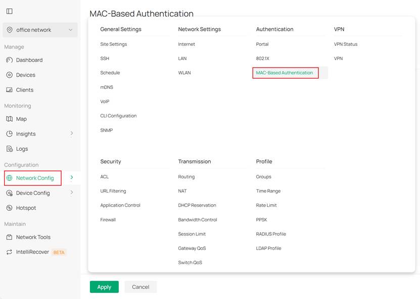 Entering Mac-Based Authentication interface.