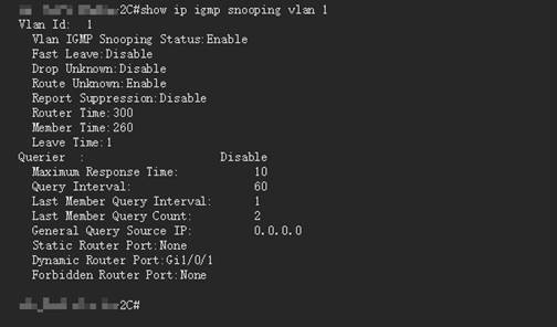 Checking IGMP Snooping (including Querier) configuration on the switch using the Terminal tool.