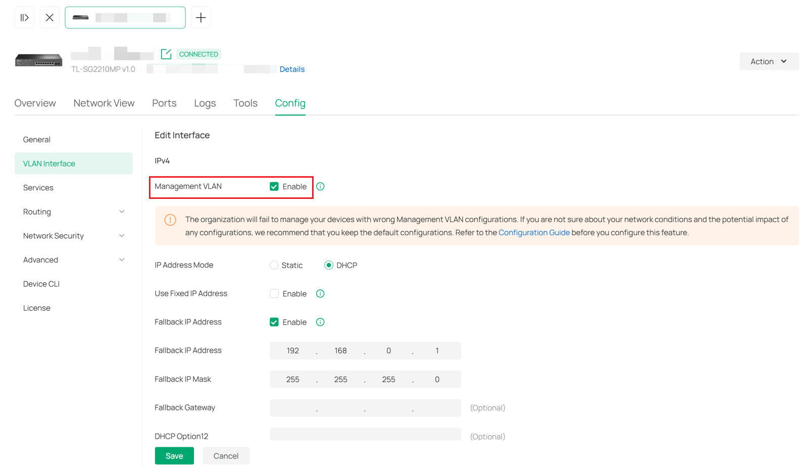 VLAN Interface configuration page.