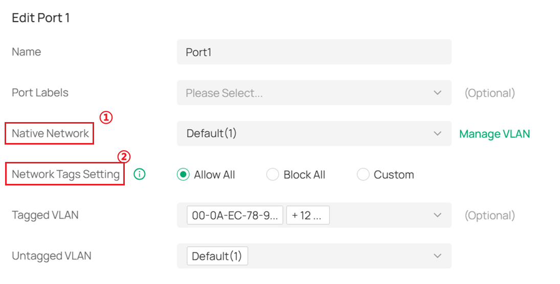 The configuration page of the port connected to the EAP.