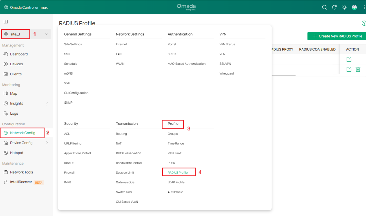 Shows navigation steps to create a RADIUS profile. 