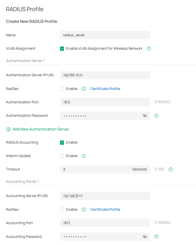 Shows the RADIUS profile configuration without the Radsec feature. 