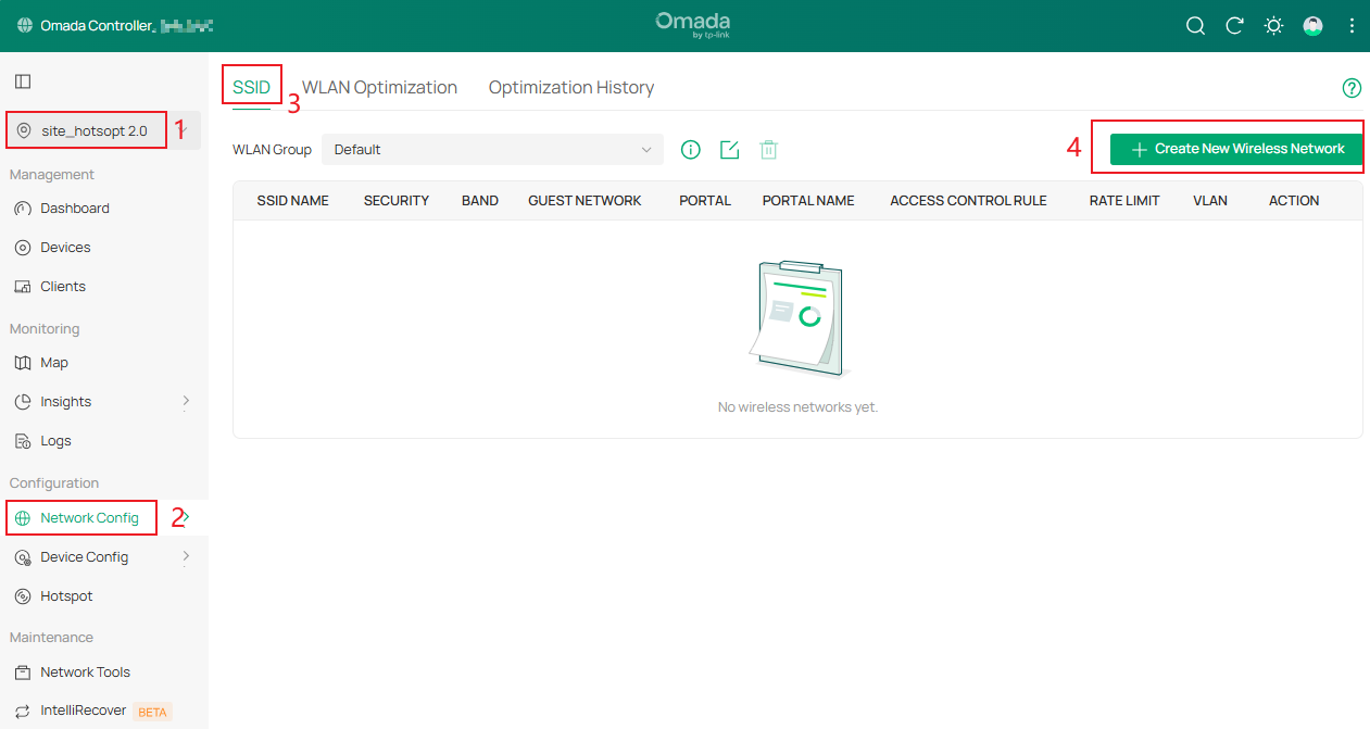Shows the navigation steps to create a new wireless network. 