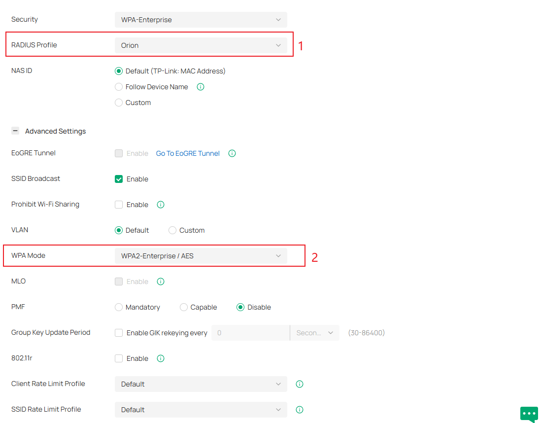 Shows the steps to choose the RADIUS Profile and the WPA Mode.
