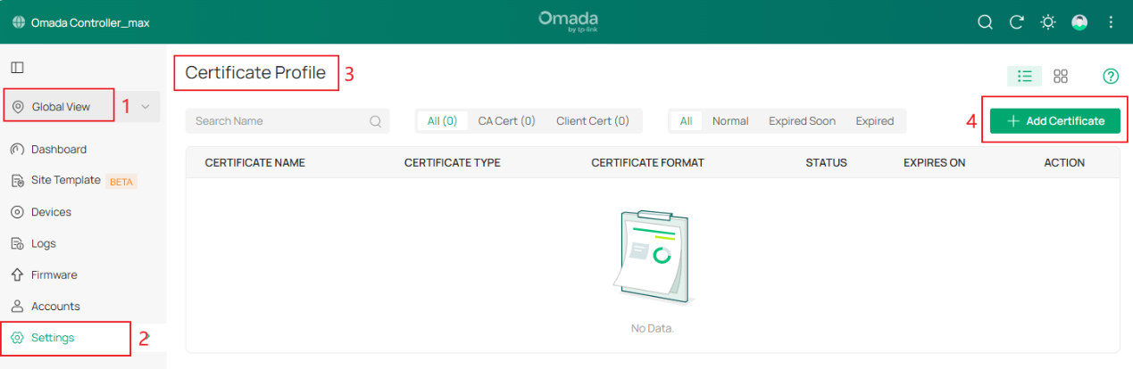 Shows path to creating certificate profiles.