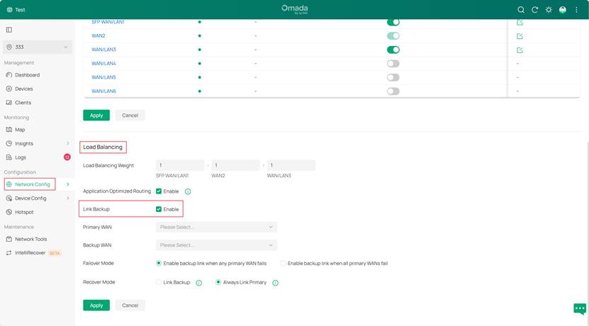 Enable the Link Backup.