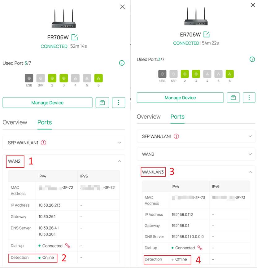 Check the online status of these two WAN ports after configuring Link Backup.