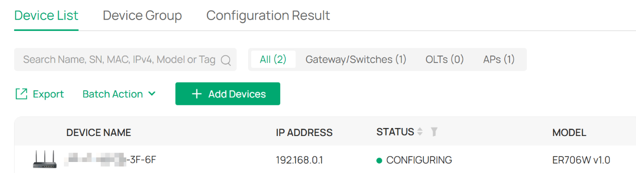 The device remains in the CONFIGURING status.