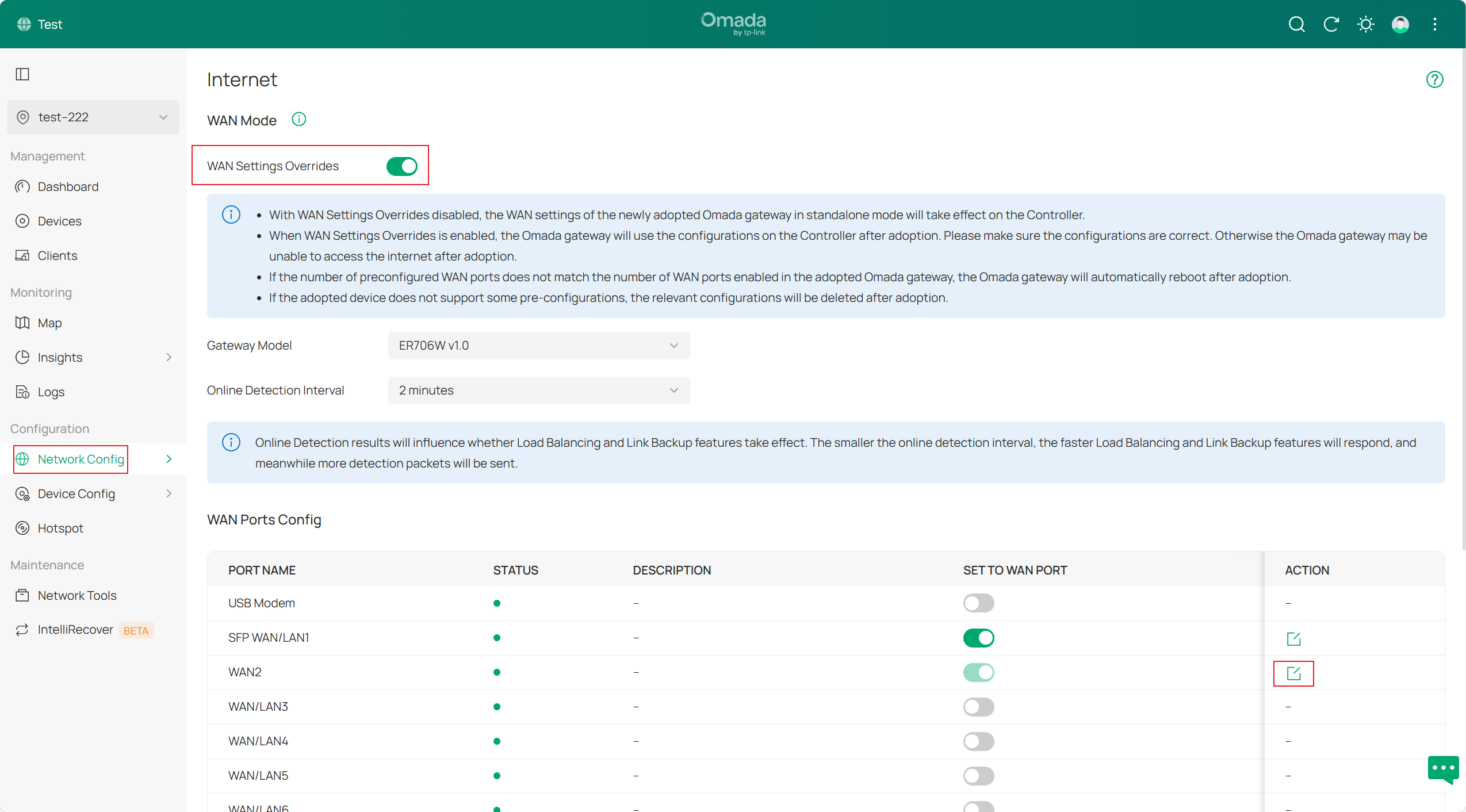 Check the WAN port pre-configuration on the Controller.