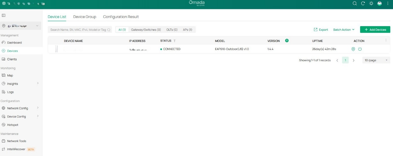 Screenshot of the Omada controller showing the devices page where one access point is added and being managed by the controller.