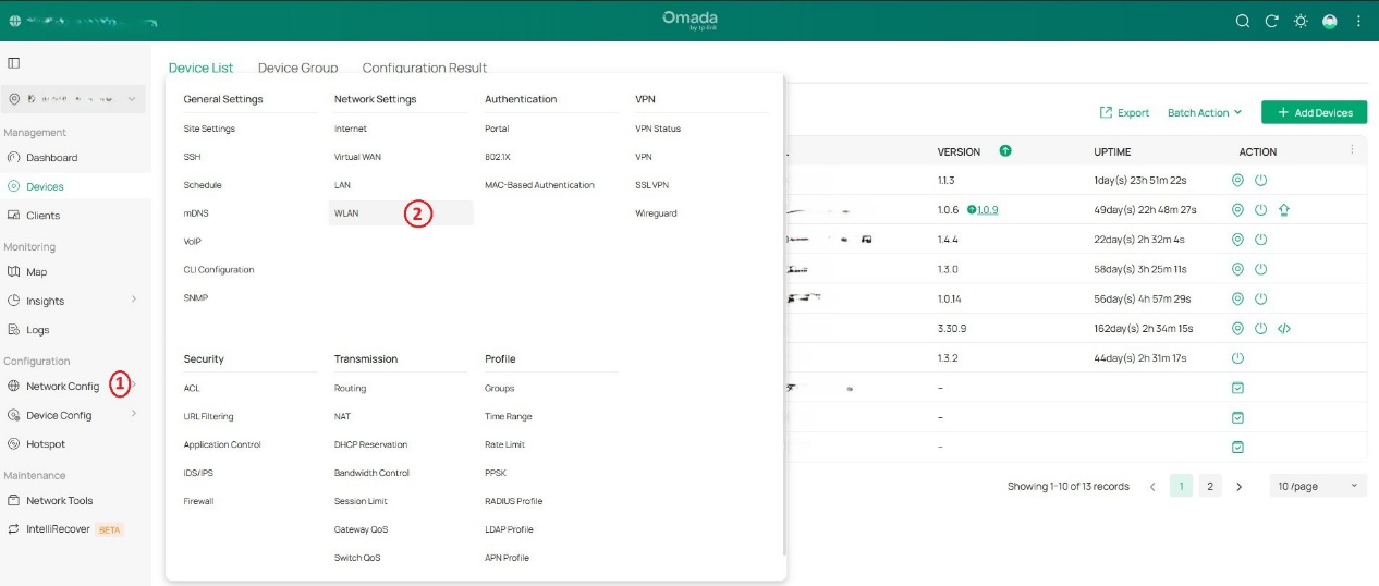 Screenshot of the Omada controller showing how to go to the wireless settings to add/adjust an SSID.