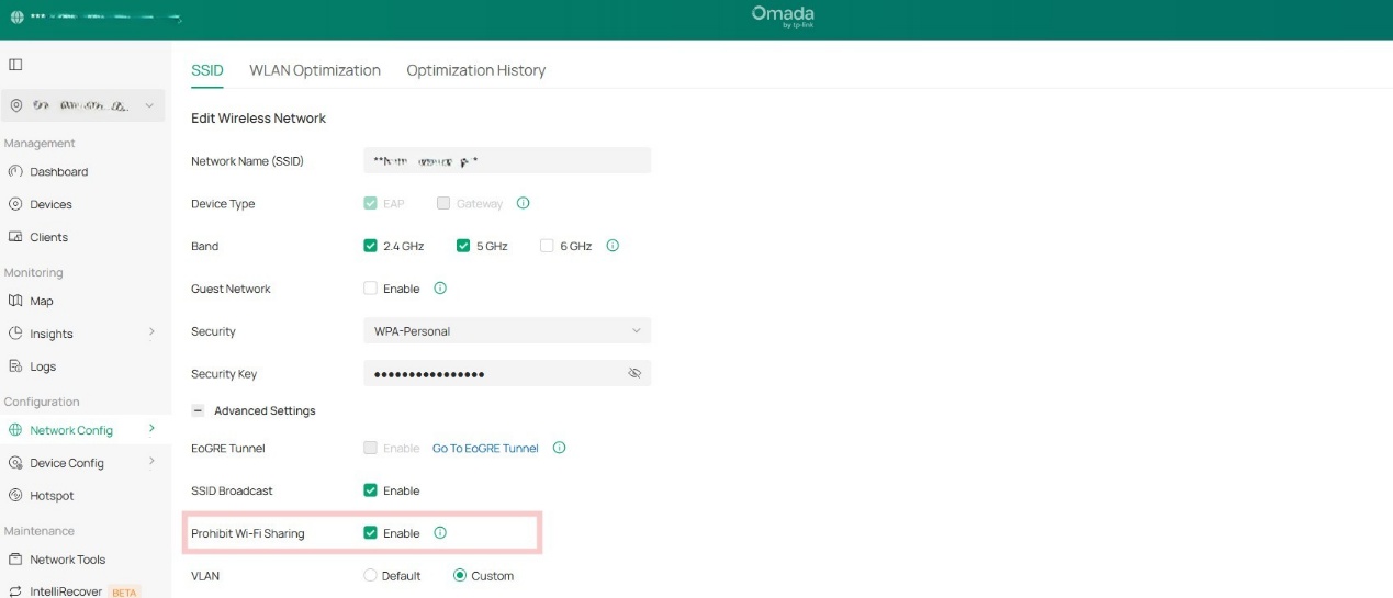Screenshot of the Omada controller showing how to enable the prohibit Wi-Fi sharing feature under the Advanced settings of the SSID.