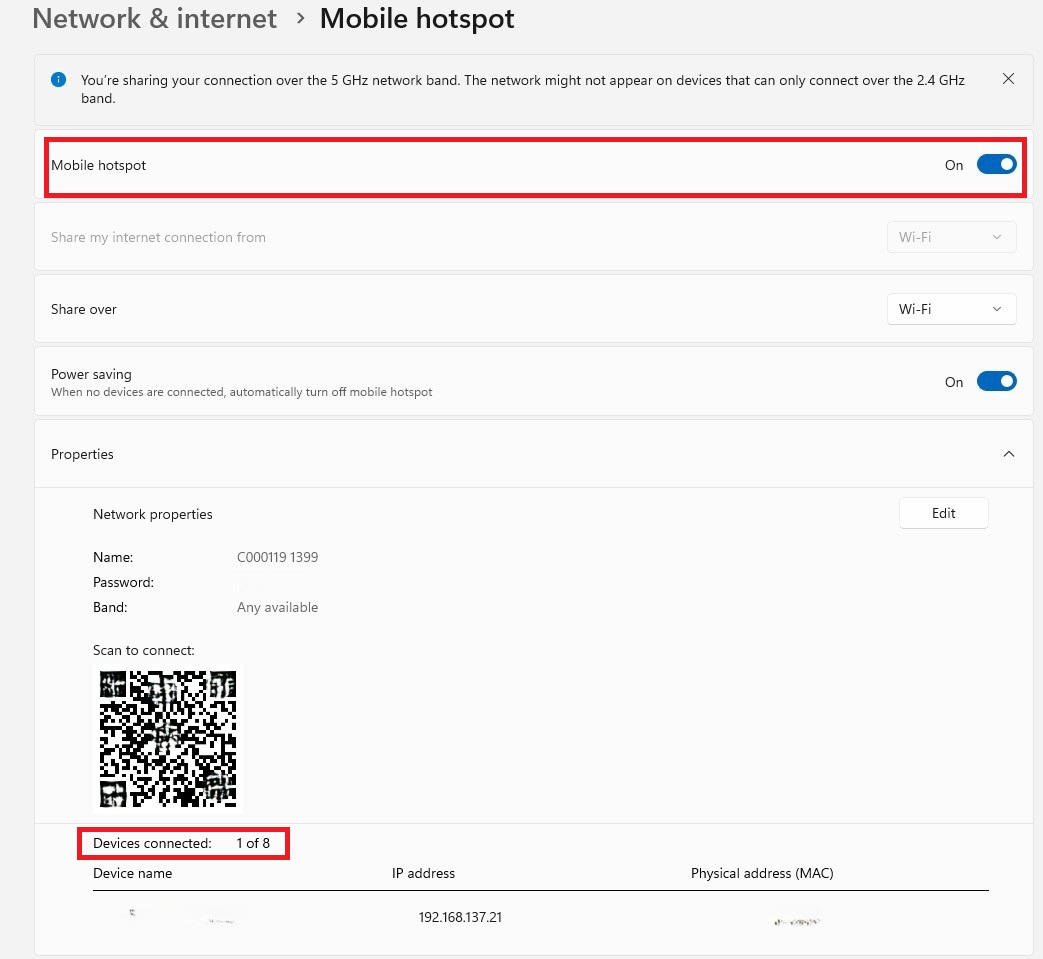 Screenshot of a Windows-based computer showing the mobile hotspot network with one device connected to it.