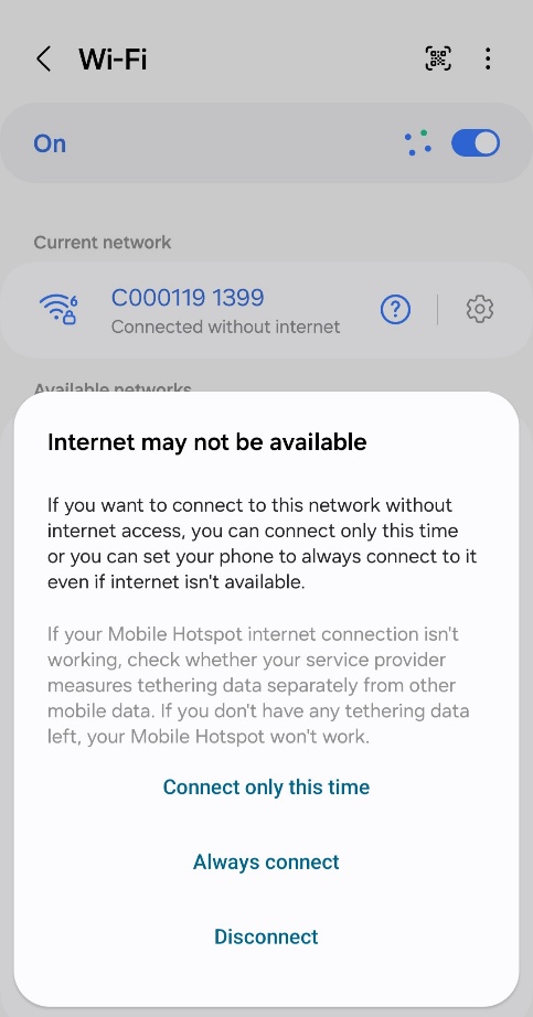 Screenshot of a mobile phone showing that it’s connected to the hotspot network but with no internet connection.