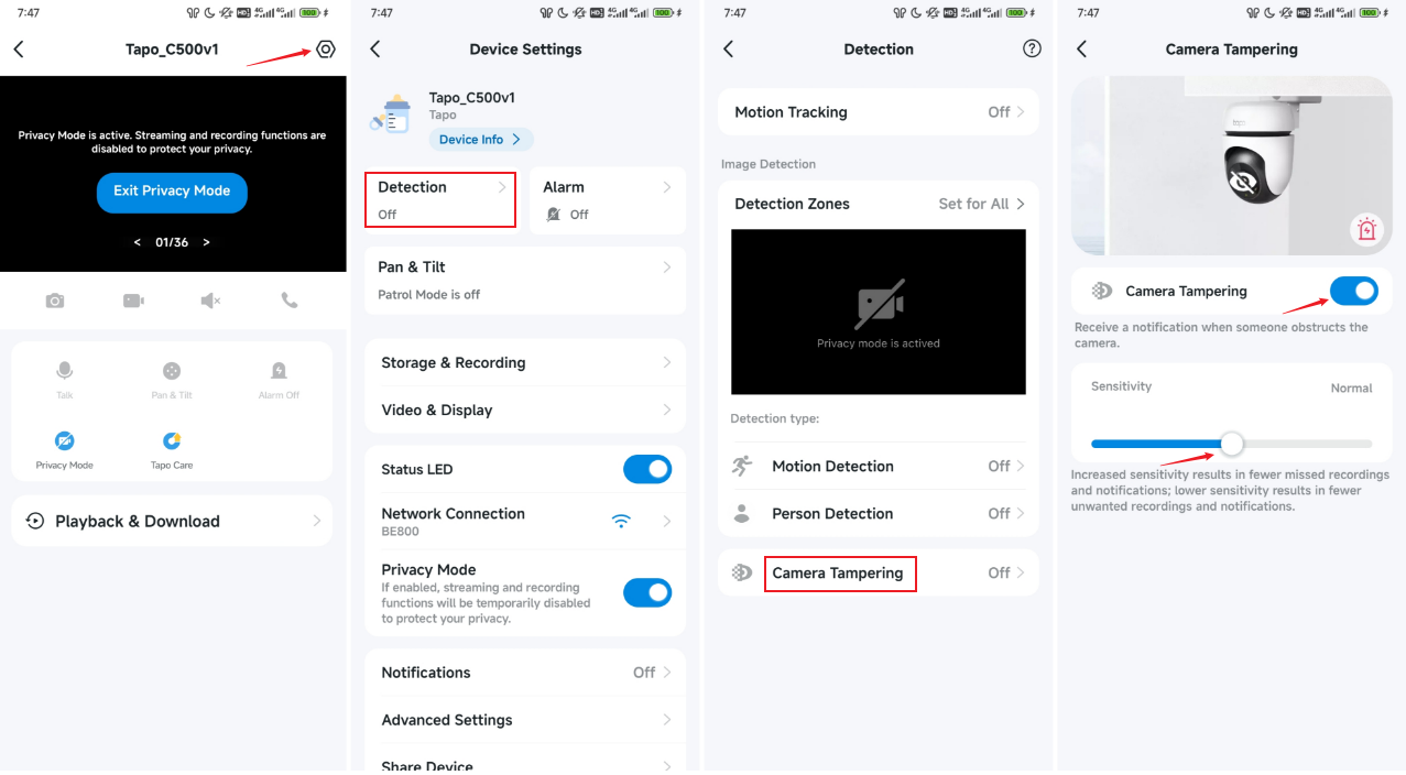 Enable the Camera Tampering Detection.