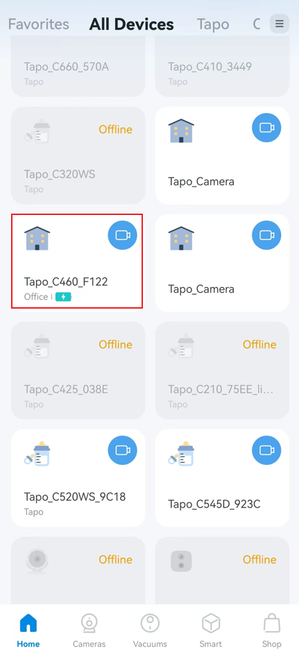 Home page of Tapo app.