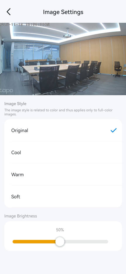 Image settings page where you can select image style and adjust image brightness.