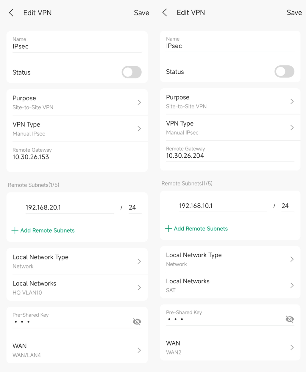 Showcase Manual IPsec VPN configuration in two sites.
