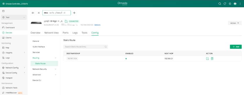 Show the static routes status of the switch on controller.