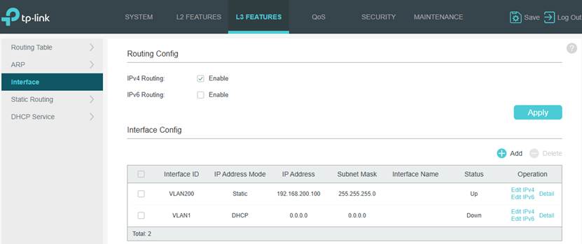 Show the VLAN interface and static IP configurations.
