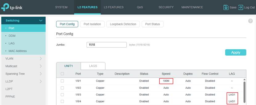 Show the port speed change and LAG configuration.