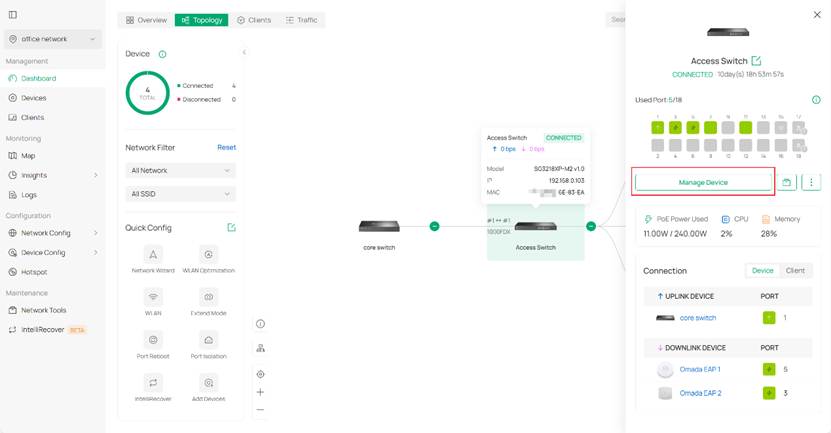 Clicking the selected device of more of its information.