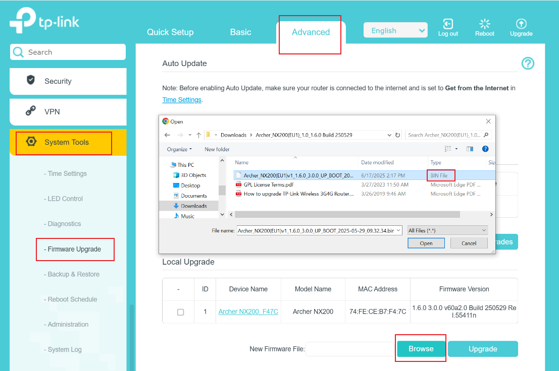 Choose bin file to upgrade.