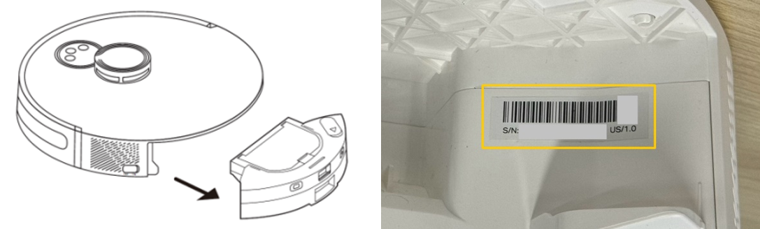 Remove the water tank to find the SN for Tapo RV20/30 (Max).