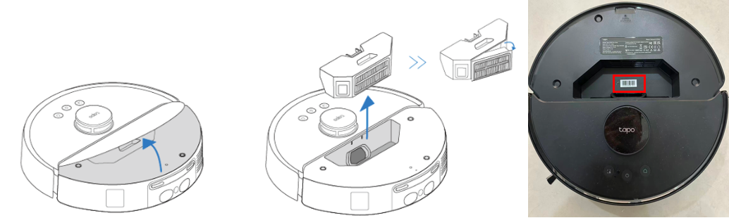Remove the cover and dustbin to find SN on Tapo RV50 series.