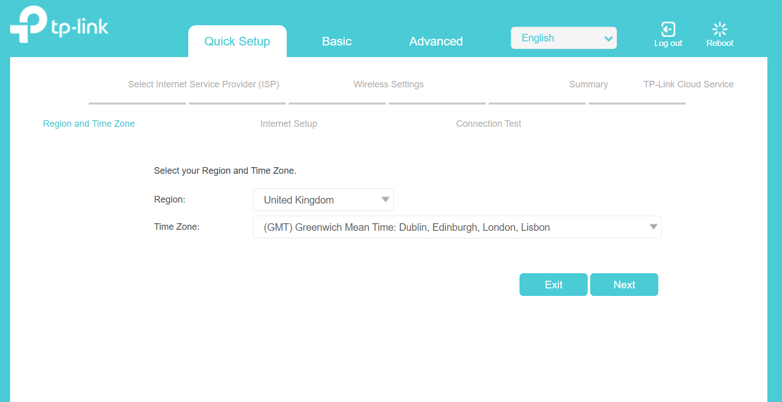 Page to select Region and Time Zone.