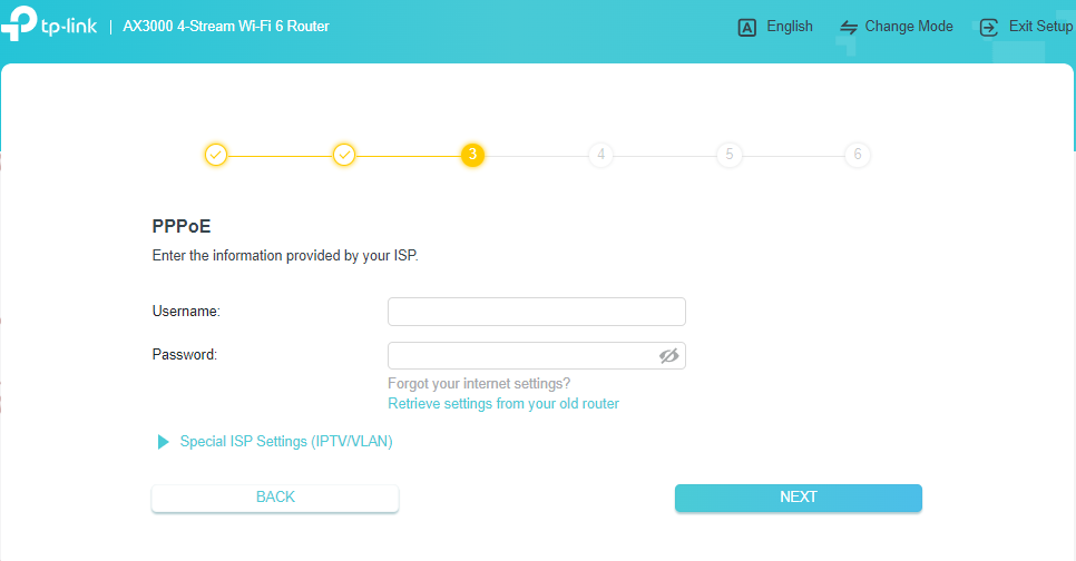 Page to enter PPPoE username and password.