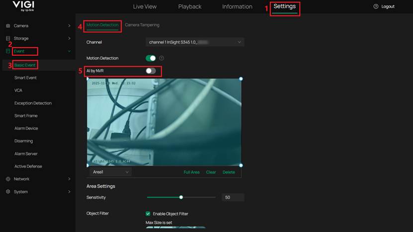 Show the position of the AI by NVR switch on Motion dectetion configuration page.