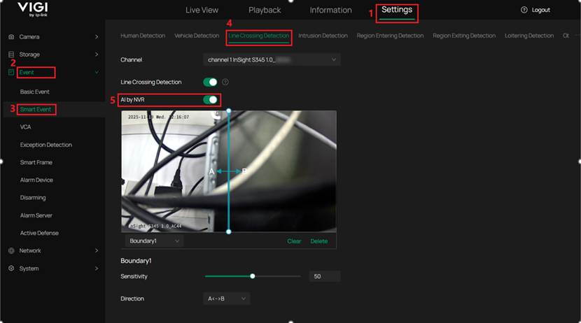 Show the position of the AI by NVR switch on Line Crossing Detection configuration page.