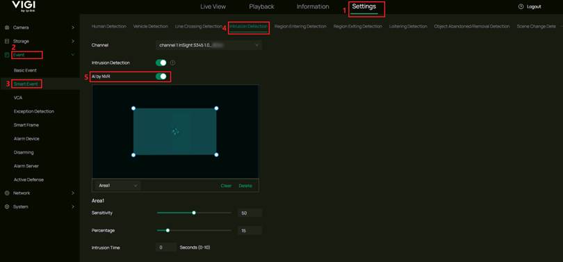 Show the position of the AI by NVR switch on Intrusion Detection configuration page.