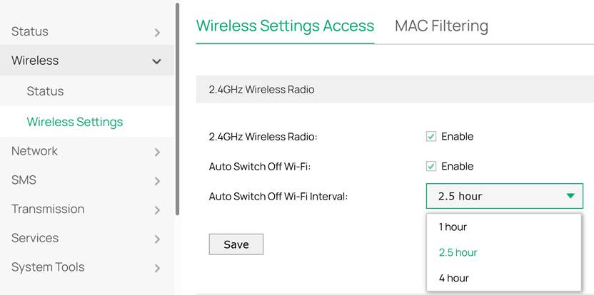 Wireless settings of the ODU.