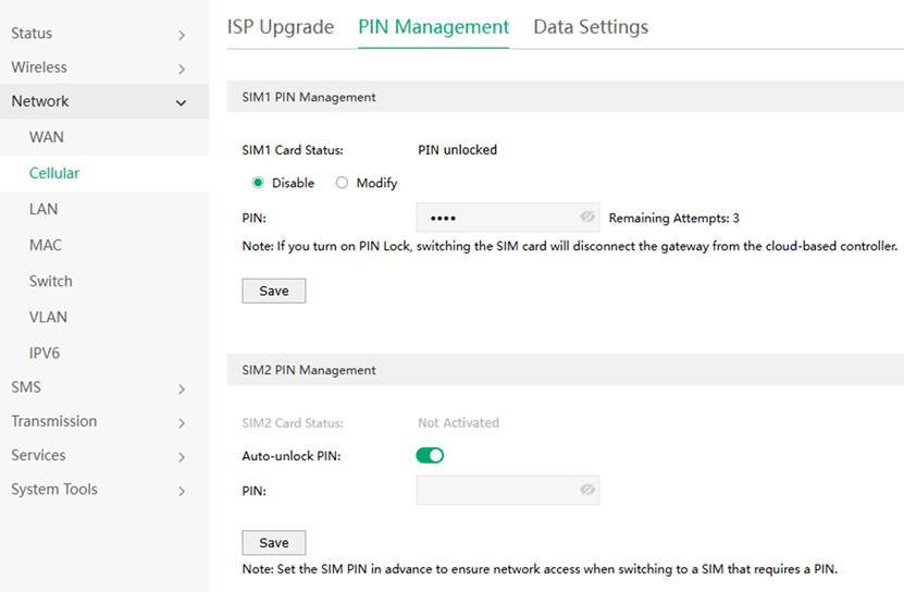 Modify SIM PIN settings in the PIN Management section.