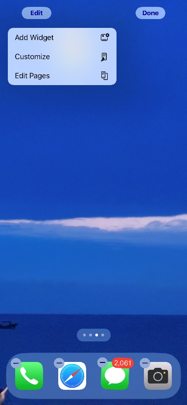 A phone page showing three options(Add Widget, Customize, and Edit Pages) after tapping the Edit button.