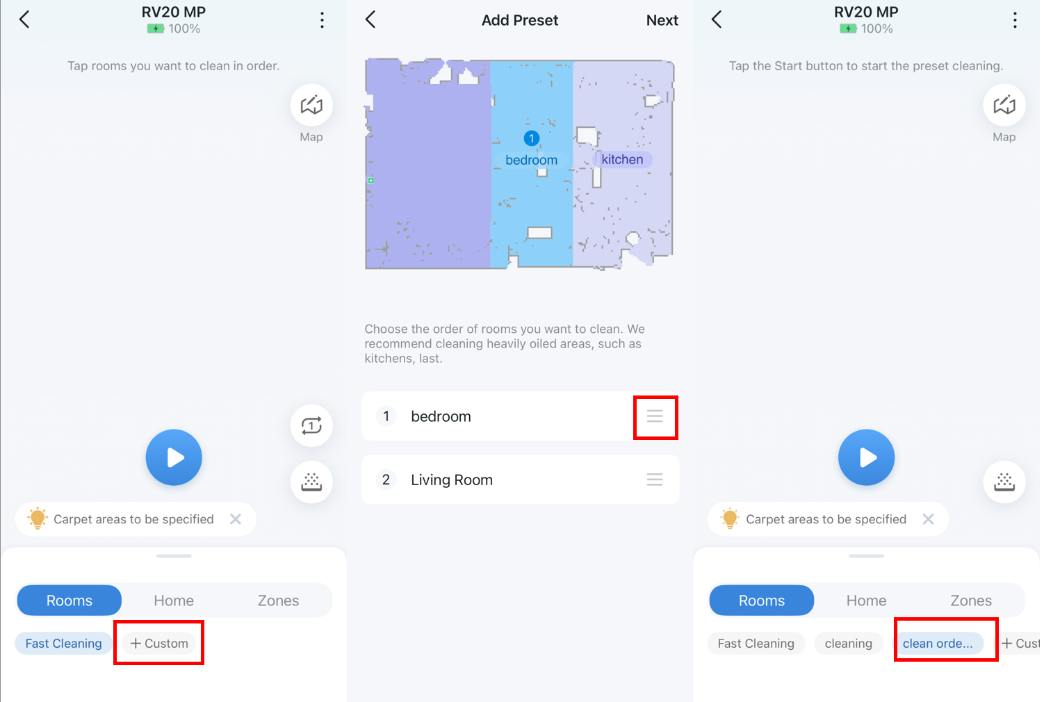 Steps to set Room cleaning order for RV20/30 Max.
