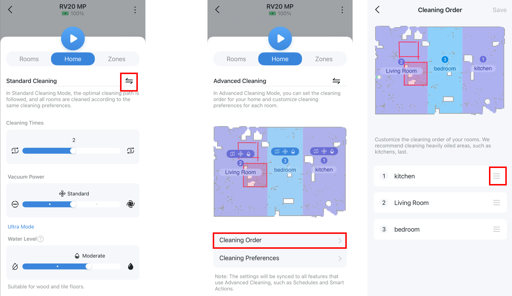 Steps to set Home cleaning order for RV20/30 Max.