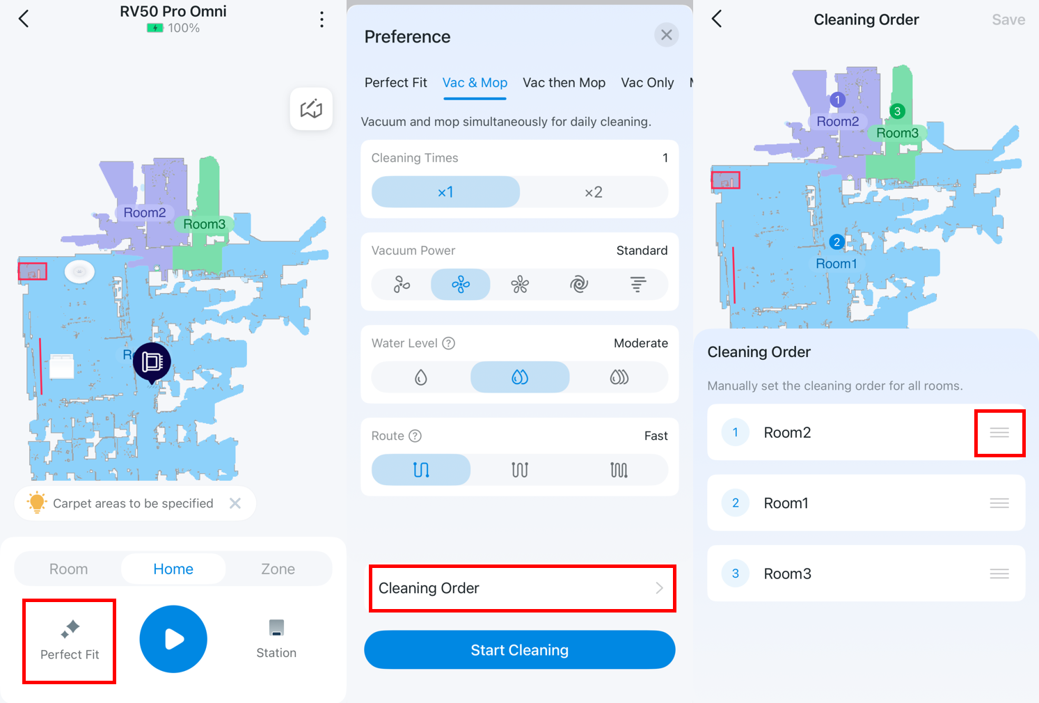 Steps to adjust cleaning order for RV50 Series.