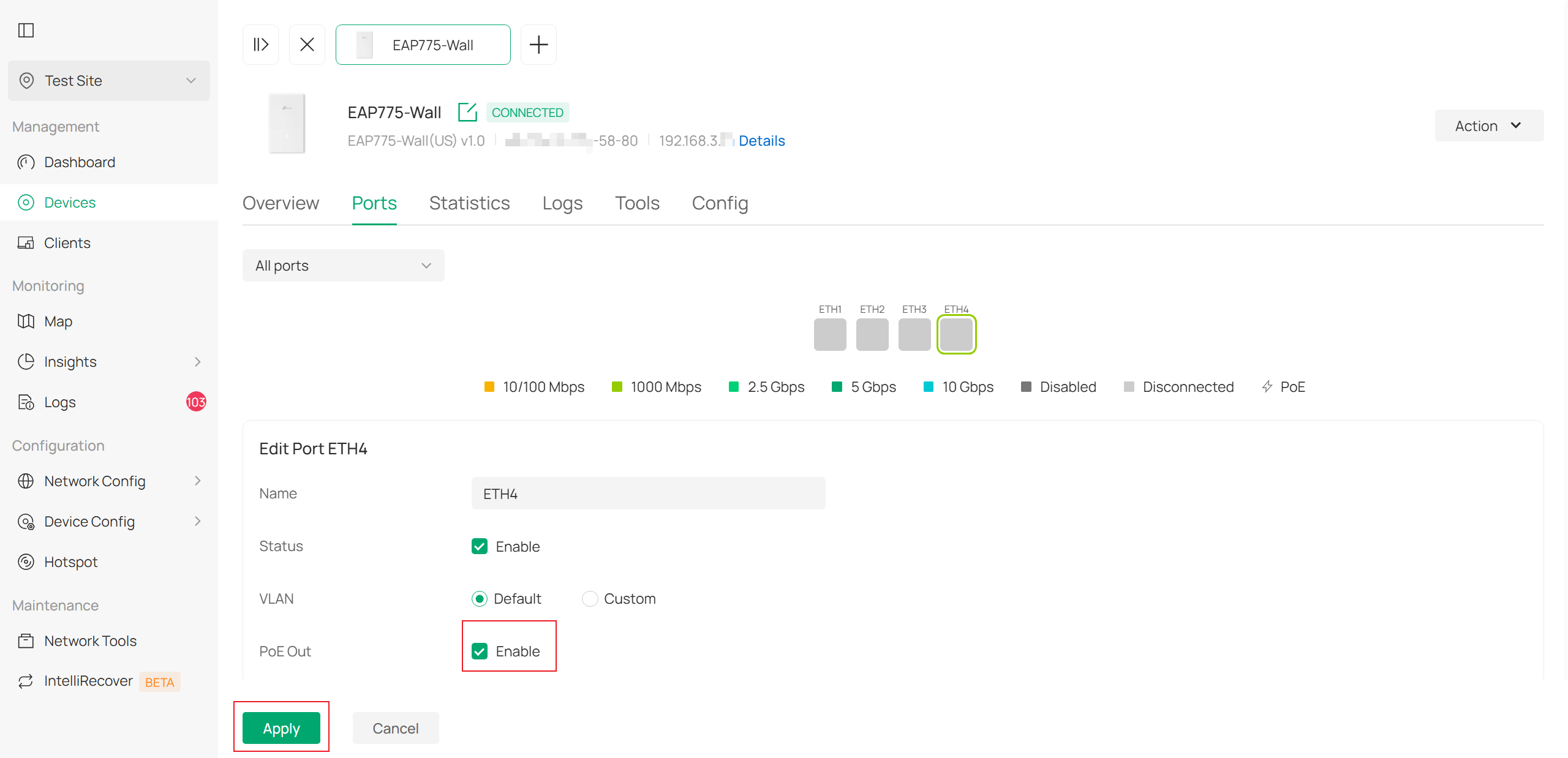 Position of PoE out switch and apply button.